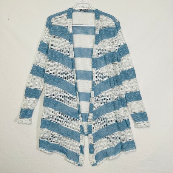 Retro Threads Cardigan Sweater Womens Large Blue White Open Knit Long Sleeves - Picture 2 of 13